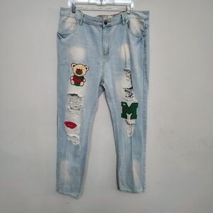 Light Wash Distressed Jeans with Embroidered Teddy & Patches